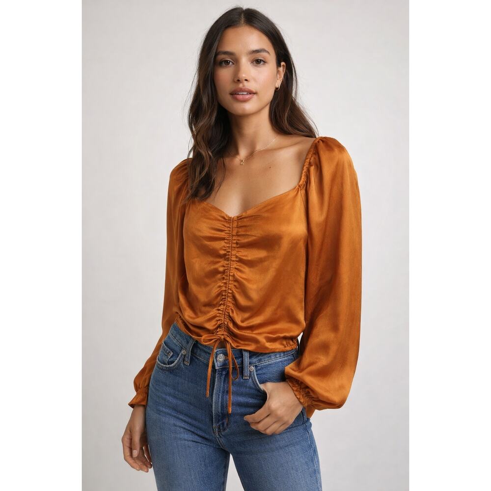 ASTR the label puff long sleeve adjustable scrunch burnt orange top